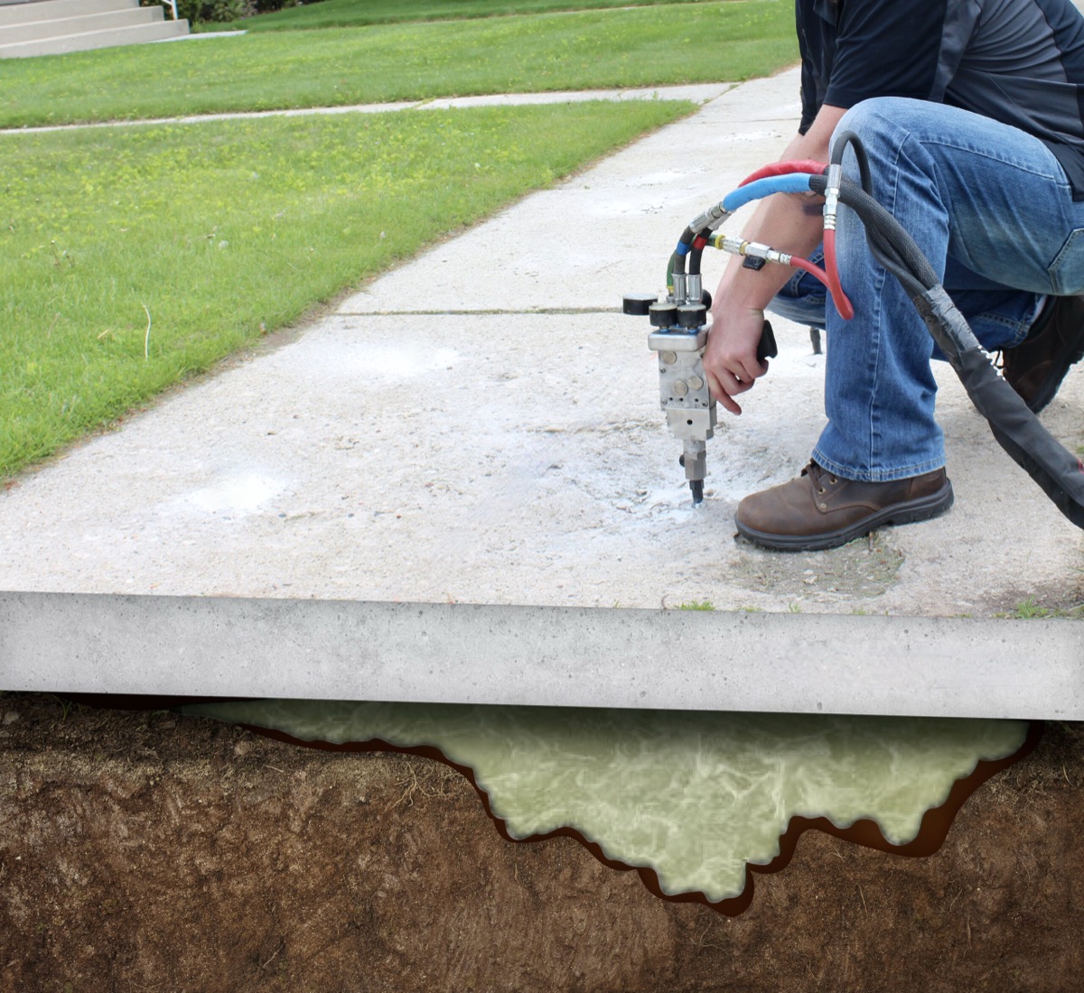 Diagram showing how Inline Concrete levels concrete with polyurethane foam injection