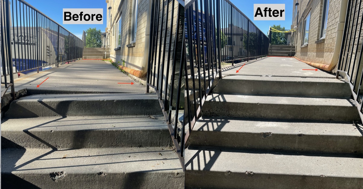 Before and after leveling concrete steps on a condo building in Minneapolis, MN by Inline Concrete