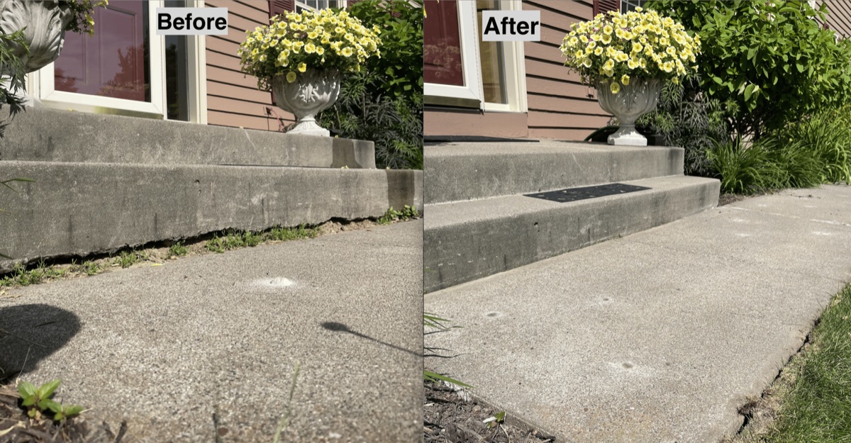 Before and after leveling concrete front steps in Minneapolis, MN