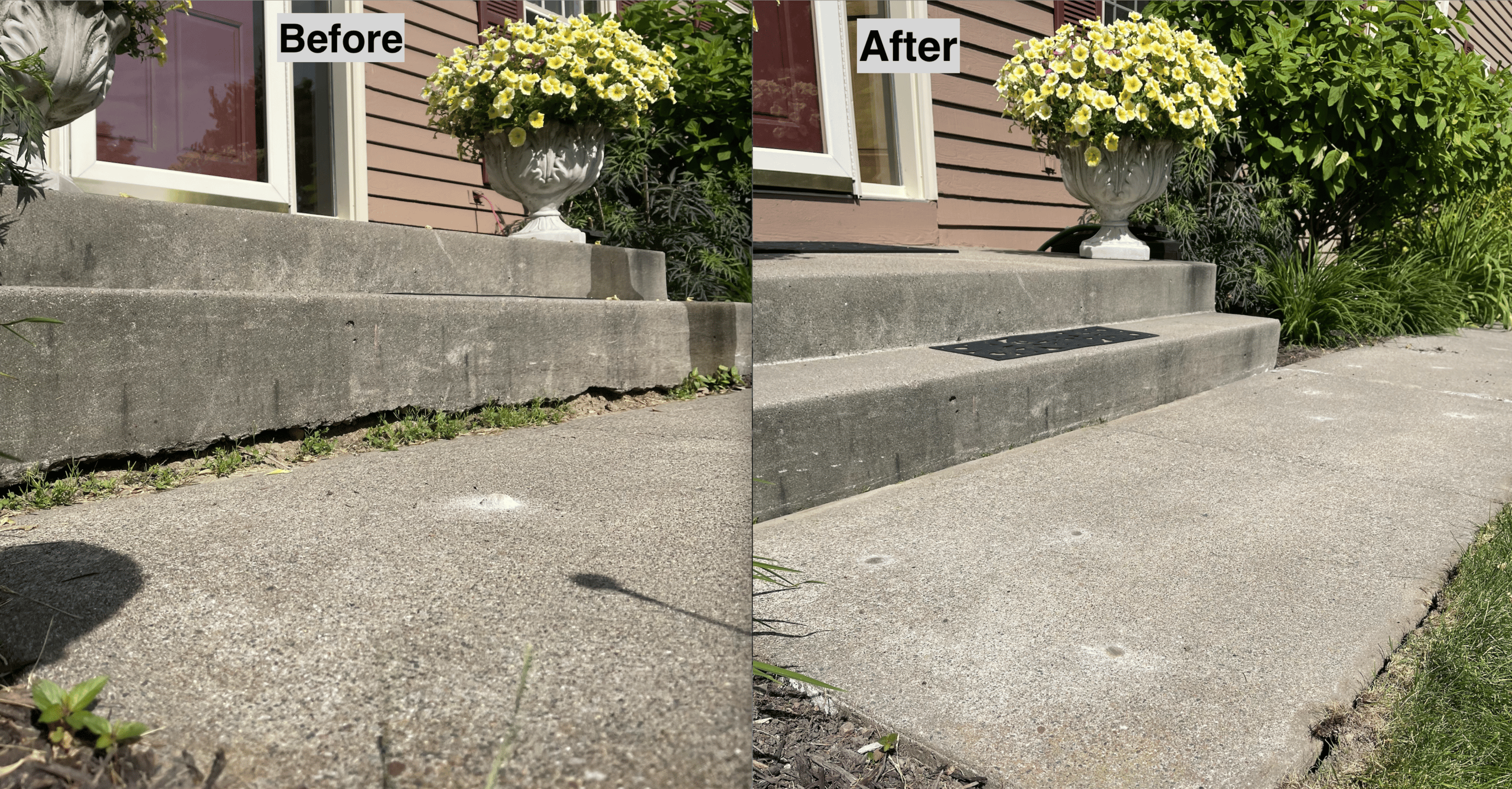 Before and after leveling of concrete front steps in Minneapolis, MN